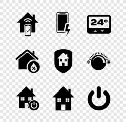 Set Smart home remote control system, Mobile charging battery, Thermostat, House, Power button, humidity and under protection icon. Vector