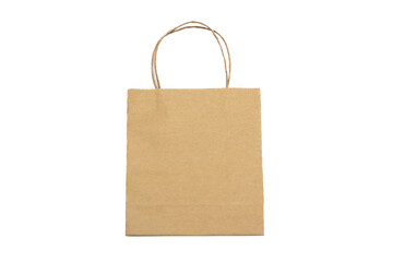 Paper shopping bag with handle isolated cutout on white background. Brown color Kraft package