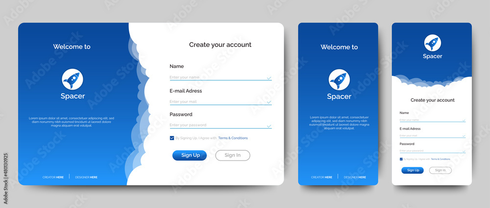 Poster set of sign up and sign in forms. blue gradient. mobile registration and login forms page. professio