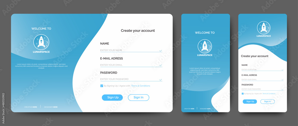 Poster set of sign up and sign in forms. blue-gray gradient. mobile registration and login forms page. prof