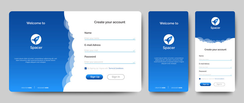 Set of Sign Up and Sign In forms. Blue gradient. Mobile Registration and login forms page. Professional web design, full set of elements. User-friendly design materials.