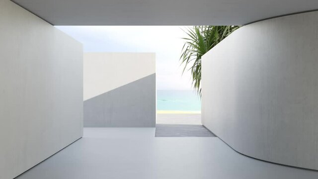 Empty white curve wall on concrete floor in modern beach house or apartment. Home interior 3d rendering of bright living room with sea view background.