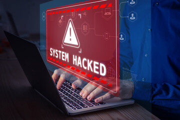 System hacked alert after cyber attack on computer network. Cybersecurity vulnerability, data...