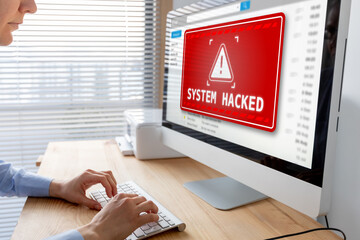 System hacked alert after cyber attack on computer network. Cybersecurity vulnerability, data...