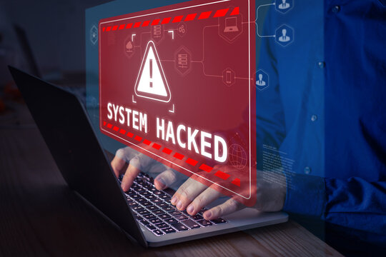 System Hacked Alert After Cyber Attack On Computer Network. Cybersecurity Vulnerability, Data Breach, Illegal Connection, Compromised Information Concept. Malicious Software, Virus And Cybercrime.