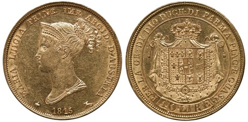 Italy Italian Parma golden coin 40 forty lire 1815, ruler Maria Luigia, head left, coat of arms,