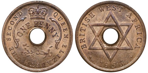 British West Africa bronze coin 1 one penny 1956, value in words around center hole, crown above,...