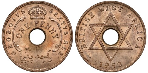 British West Africa bronze coin 1 one penny 1952, value in words around center hole, crown above,...