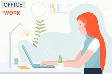 Vector poster with a girl at the computer. Office worker. Flat design.	