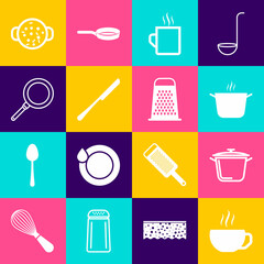 Set Coffee cup, Cooking pot, Knife, Frying pan, soup and Grater icon. Vector