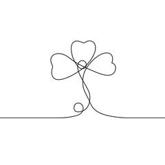 Hand-drawn illustration of a three-leaf clover in liner-art style, one continuous line. On a white background for the St. Patrick's Day holiday. Vector graphics