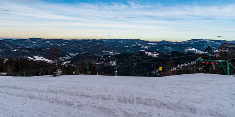 View from Wielki Sozsow hill in winter Beskid Slaski mountains on polish - czech borders