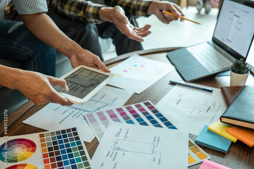 Sticker team of creative web/graphic designer planning, drawing website ux app for mobile phone application 