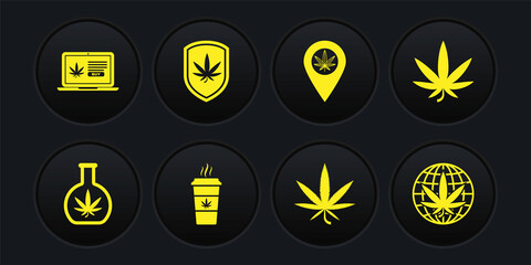 Set Test tube with marijuana, Marijuana or cannabis leaf, Cup coffee, Location and, Shield, Legalize and Online buying icon. Vector