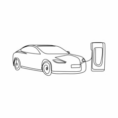 Continuous one simple single abstract line drawing of electric car at the charging station icon in silhouette on a white background. Linear stylized.