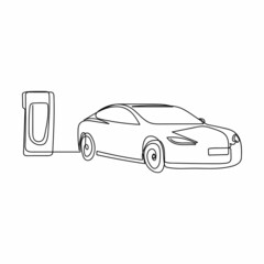 Continuous one simple single abstract line drawing of electric car at the charging station icon in silhouette on a white background. Linear stylized.