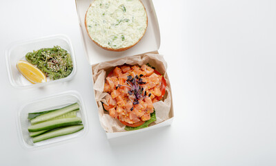 Covid-19 quarantine and healthy food delivery from restaurant, takeaway set, catering