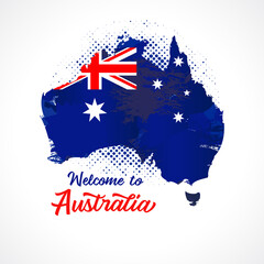 Symbol, poster, banner Welcome to Australia. Map of Australia with the decoration of the national flag. Style watercolor drawing. Vector illustration