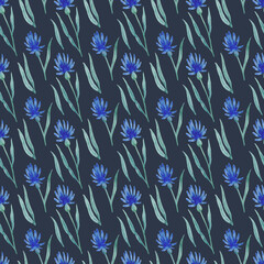 Fototapeta premium Watercolor pattern with blue flowers and leaves on a dark background.