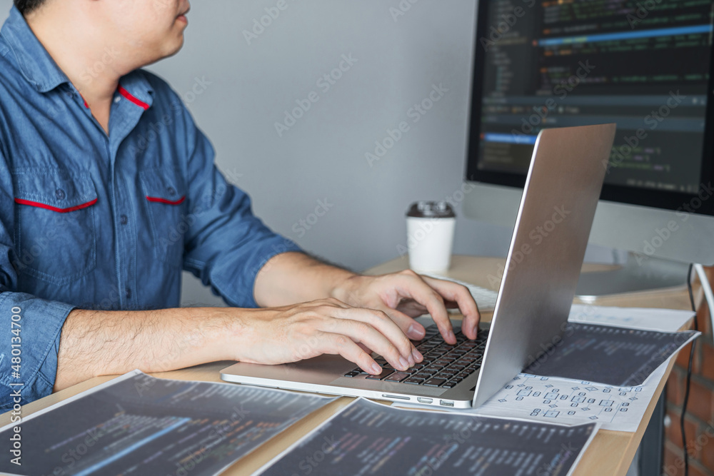 Leinwandbilder Young Professional programmer working at developing programming and website working in a software develop company office, writing codes and typing data code, Programming with HTML, PHP and javascript
