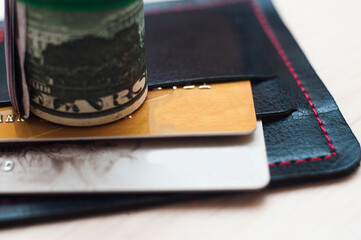 Pile of card, credit cards on the table. shallow focus in soft tone.