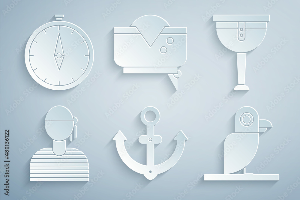 Poster Set Anchor, Wooden pirate leg, Sailor captain, Pirate parrot, hat and Compass icon. Vector