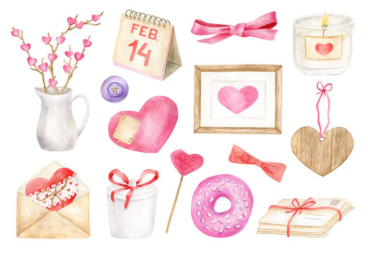 Watercolor Valentine's day elements set. Hand drawn cute romantic items. Hearts, love letter, donut, branches in vase, calendar, candle isolated on white background. Cute illustration for 14 february