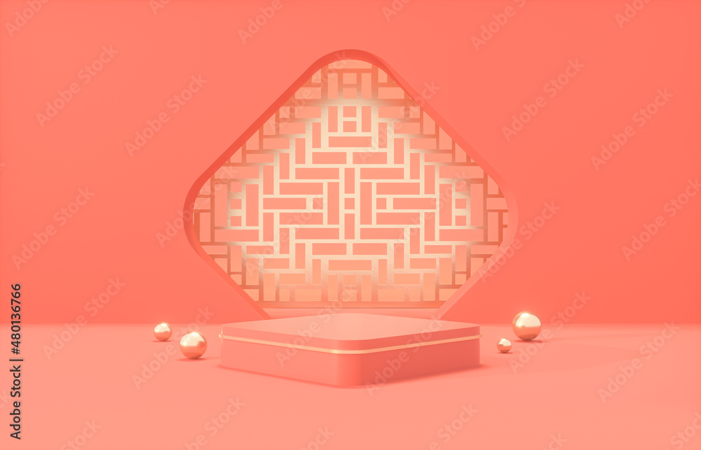 Poster Chinese background with podium for product display. 3d rendering.