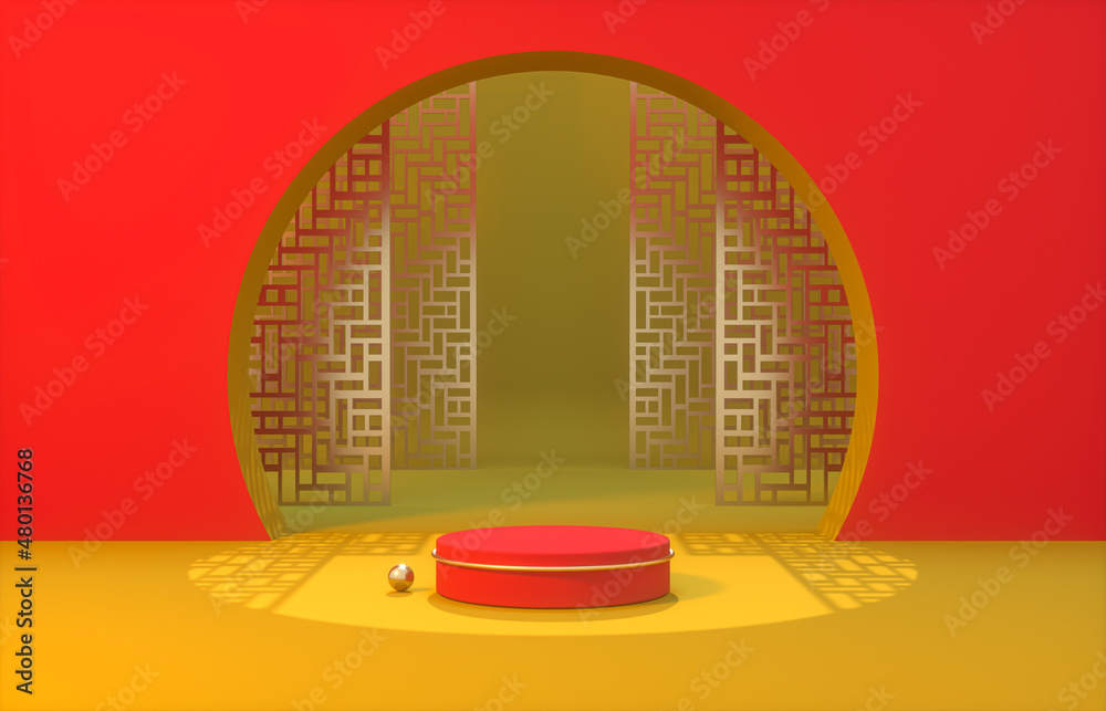 Poster Chinese background with podium for product display. 3d rendering.