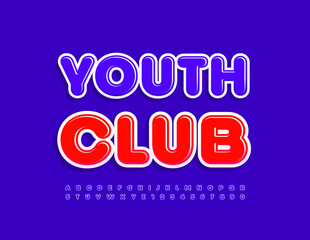 Vector bright banner Youth Club with glossy Font. Purple modern Alphabet Letters and Numbers set
