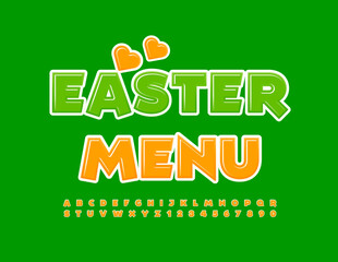 Vector cute template Easter Menu with decorative Hearts. Yellow creative Font. Bright funny Alphabet Letters and Numbers set