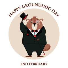 Happy Groundhog Day. Design of a funny and cute groundhog character for the design of banners, websites, fabric prints, stickers, icons. Vector cartoon style.