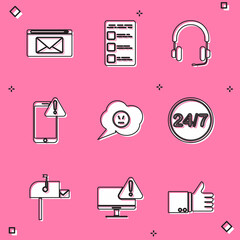 Set Mail and e-mail, Create account screen on mobile, Headphones, Mobile with exclamation mark, Speech bubble angry smile, Clock 24 hours, Open box and Monitor icon. Vector