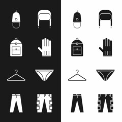 Set Leather glove, Backpack, Police cap with cockade, Winter hat ear flaps, Hanger wardrobe, Men underpants, Cargo and Pants icon. Vector