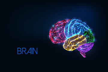 Futuristic glowing low polygonal colorful human brain with emphasized parts isolated on dark blue - obrazy, fototapety, plakaty