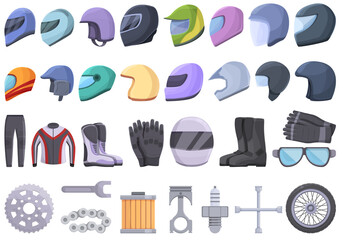 Motorcycle equipment icons set cartoon vector. Helmet jacket. Bike cover