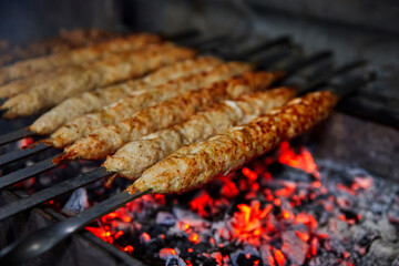 Lula kebab grilled on charcoal. Close-up, selective focus.