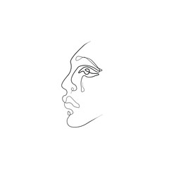 Woman crying from depression. Eyes in tears. Print for clothes, t-shirt, emblem or logo design, continuous line drawing, small tattoo, isolated vector illustration.