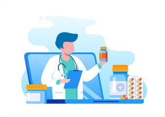 Online doctor virtual consultation with mobile phone technology fast response for emergency patient. flat vector illustration fit for banner, flyer, landing page, etc