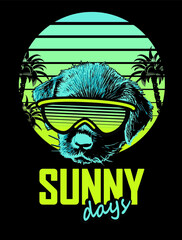 Puppy in sunglasses on background of sunset and palm. Slogan Sunny days. Vector illustration
