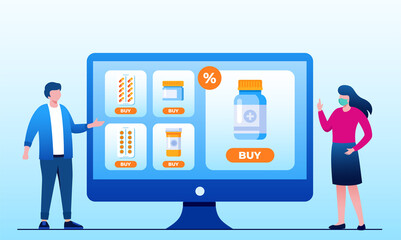 Online pharmacy with mobile phone easy order and virtual consultation with doctor. flat vector illustration fit for flyer, banner and landing page