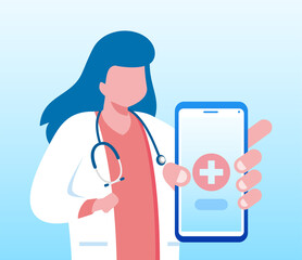 Online doctor virtual consultation with mobile phone technology fast response for emergency patient. flat vector illustration fit for banner, flyer, landing page, etc