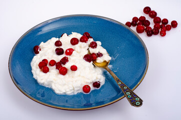 Dairy products. Fresh white homemade cottage cheese on blue plate. Studio Photo