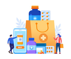 Pharmacy shopping bag with bottle, pills, capsule, etc. Illustration vector flat design banner or background