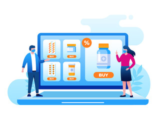 Online pharmacy easy order and virtual consultation with doctor. flat vector illustration fit for flyer, banner and landing page