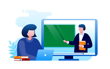 Online education with digital platform. Online teacher. Online learning, courses and tutorials, teaching landing page website illustration flat vector template