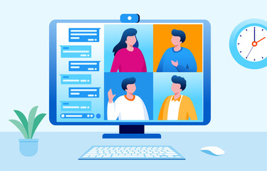 Virtual meeting and meetup group with technology computer, laptop, mobile phone, etc. teleconference flat vector illustration fit for banner, flyer, landing page, etc