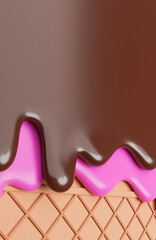 Chocolate and Strawberry Ice Cream Melted on Wafer Background.,3d model and illustration.