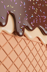 Chocolate and Vanilla Ice Cream Melted with Sprinkles on Wafer Background.,3d model and illustration.