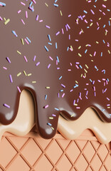Chocolate and Vanilla Ice Cream Melted with Sprinkles on Wafer Background.,3d model and illustration.